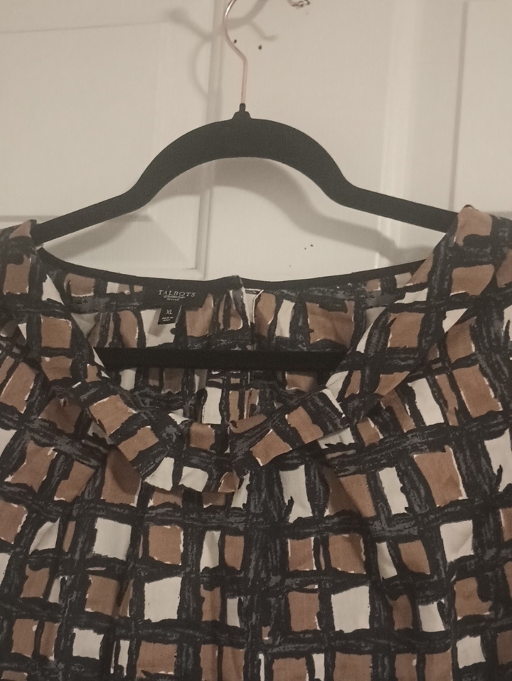 Talbots Brown, Black & White Grid-Pattern Short Sleeve Blouse - Picture 3 of 8
